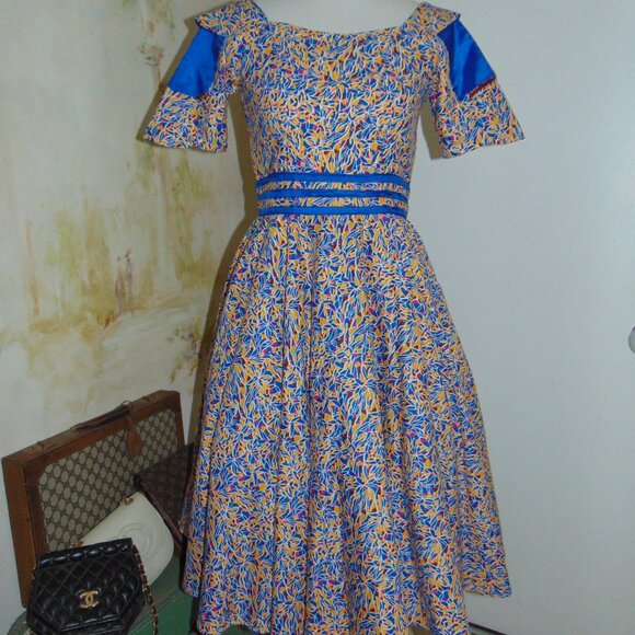 African Ladies Ethnic Dress Custom Fit & Flare 50s style Vibrant Dashiki Blue S - Picture 2 of 10